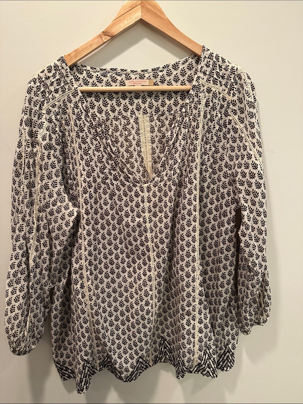 Pink Chicken Brown on Cream Printed Peasant Top